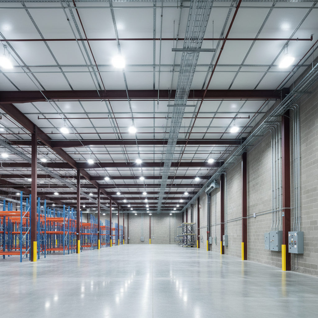 A wide, photographic realism interior view of a brightly lit commercial warehouse in Peachtree Corners, featuring evenly spaced LED high-bay fixtures suspended from a tall, exposed steel truss ceiling. Continuous rows of conduit and cable tray run in straight, disciplined lines along the structure, connecting to junction boxes and control panels at the walls. Cool, powerful white light from the fixtures floods the space, creating crisp shadows on the polished concrete floor and highlighting the uniformity of the installation. Shot from ground level with a slightly upward tilt, emphasizing vertical scale and coverage. The mood is efficient, modern, and safe, showcasing large-scale electrical capabilities for industrial and commercial clients.