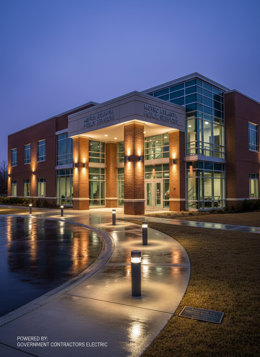 An evening exterior shot of a mid-sized municipal building in metro Atlanta, its brick façade and modern glass entry beautifully illuminated by expertly installed LED architectural lighting. Warm white uplights accent columns and signage, while energy-efficient pathway lights define a safe, welcoming approach. The sky is a deep blue twilight, and the building is reflected subtly in nearby wet pavement. Photographic realism, shot from a slightly elevated corner angle using the rule of thirds, with crisp focus on the lighting fixtures. The mood is secure, civic, and professional, conveying the capabilities of a municipal electrical contractor trusted by government clients.