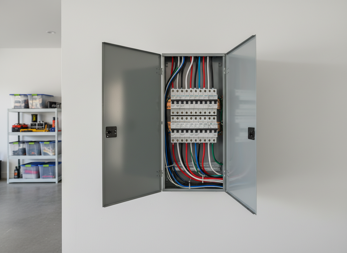 A meticulously organized electrical service panel with neatly labeled breakers and perfectly aligned wiring, mounted on a fresh white drywall in a modern residential garage. The metallic gray panel door is open, revealing copper and colored insulated wires routed with professional precision. Soft, diffused daylight enters from an unseen side window, creating gentle reflections on the metal and casting subtle shadows on the wall. Photographic realism, eye-level composition with sharp focus throughout, conveying reliability, safety, and craftsmanship. Background elements like a clean concrete floor and a few blurred storage shelves underscore a tidy, well-maintained home environment, reinforcing trust in a professional, licensed electrical contractor.