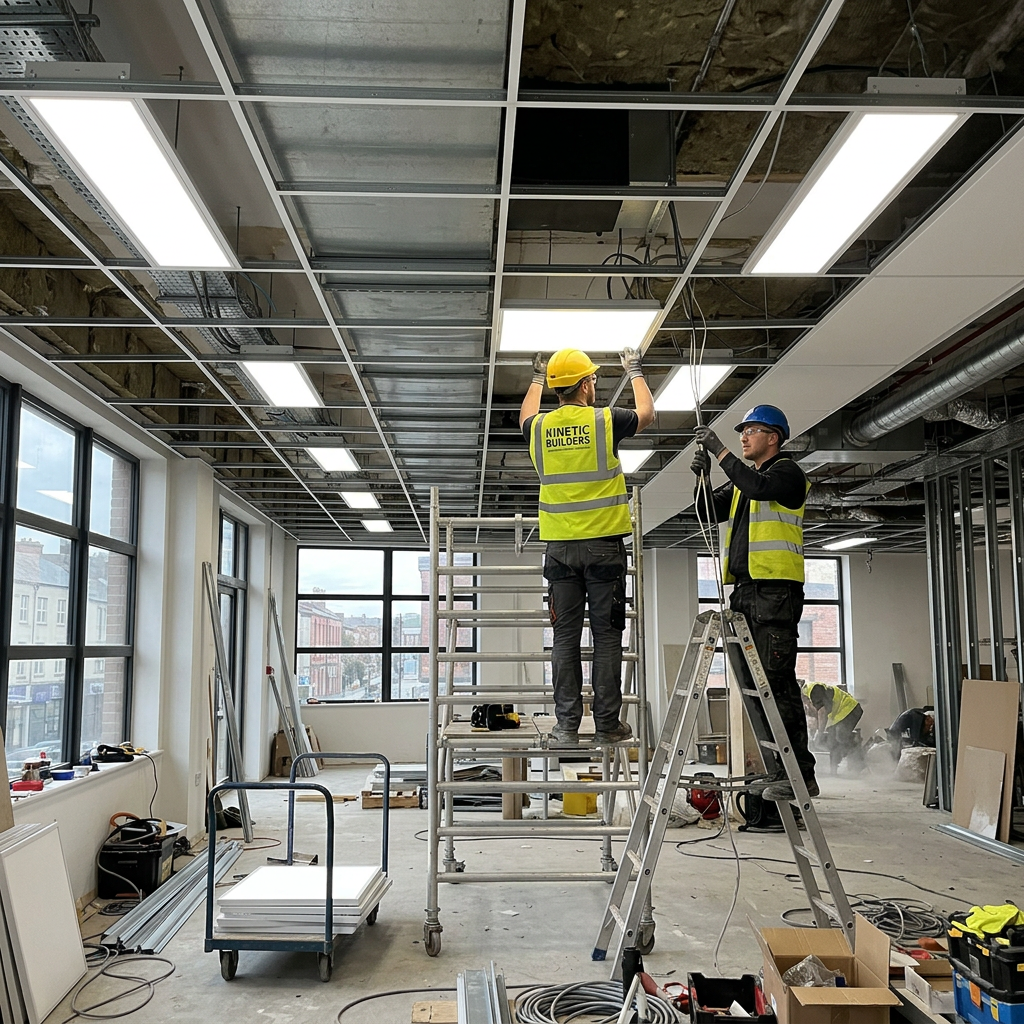 Two construction workers fitting ceiling panels in an unfinished commercial room